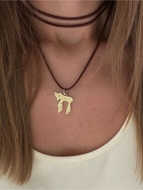 Gold chai Pendant on Brown Leather Choker Necklace